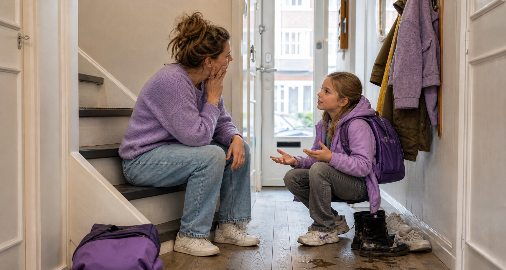Moeder zit in een Nederlandse hal op de trap en praat met haar kind na school